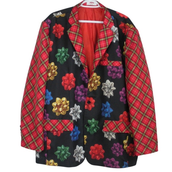 Holiday Time Colourful Gift Bows & Red Plaid Ugly Christmas Blazer 2XL 50-52 - Picture 1 of 8